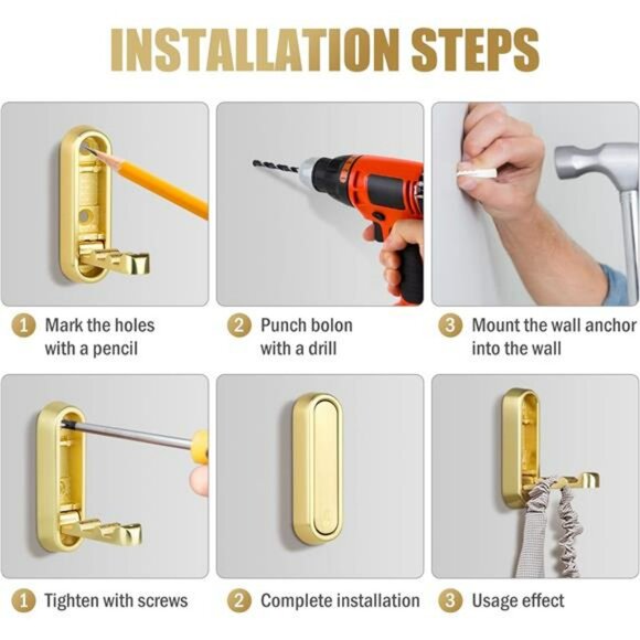 Gold Wall Hooks Foldable Heavy Duty Coat Towel Bag Backpack Hangers Set of 4 Pc - Picture 7 of 8